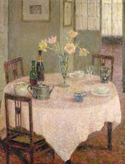 Innenraum mit rosa Tischdecke von Henri Eugene Augustin Le Sidaner